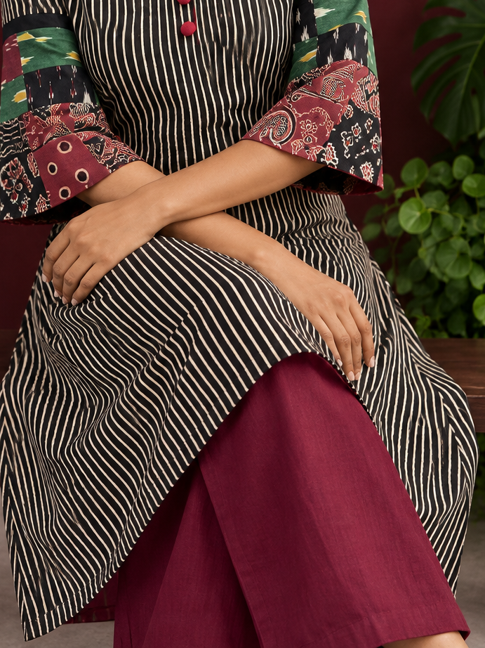 Graceful Maroon Cotton Silk Straight Pant — seated detail — view 5