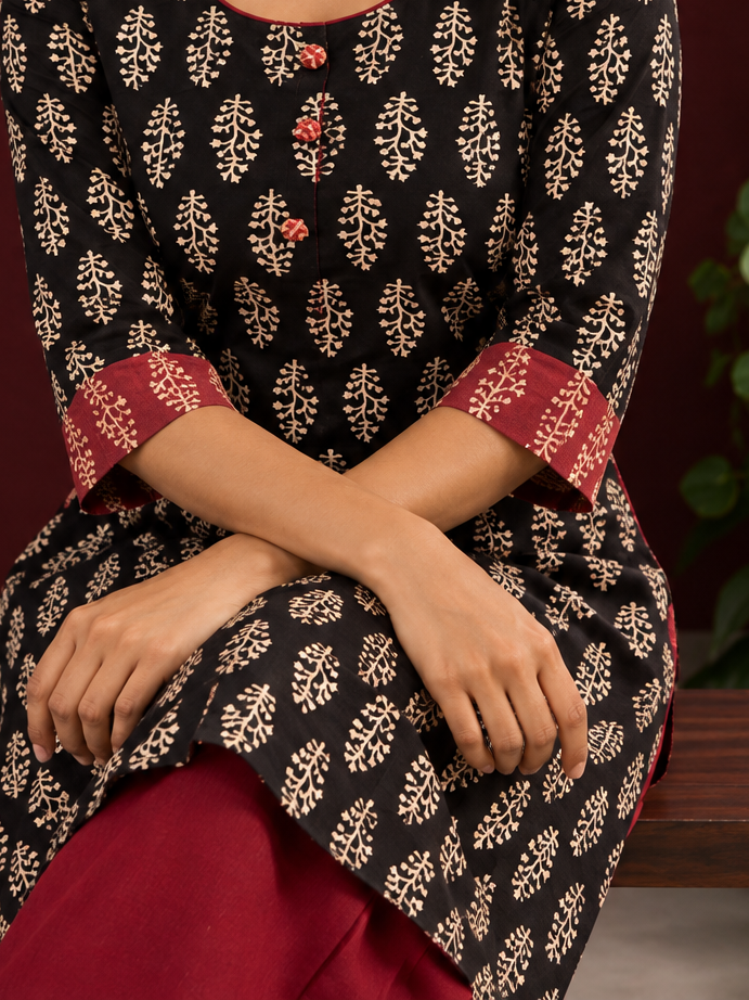 Graceful Maroon Cotton Straight Pant — seated detail — view 5