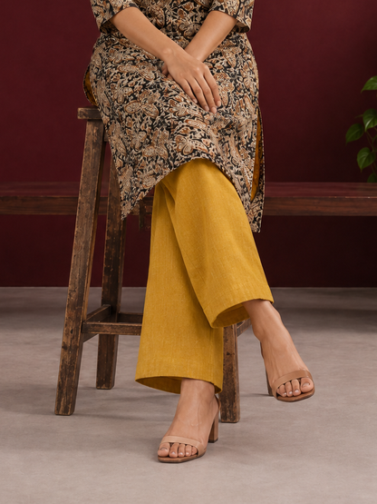Graceful Mustard Cotton Straight Pant — seated