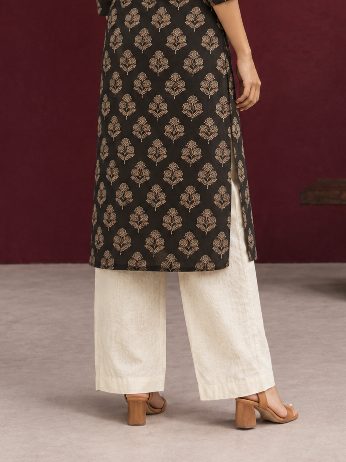 Elegant Black Cotton Kurta with Floral Block Print and Contrast Collar Piping — Pant