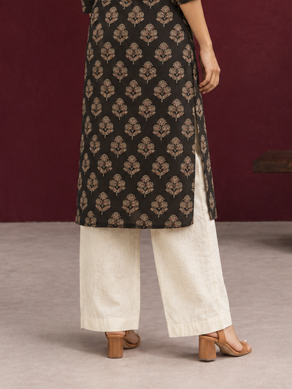 Elegant Black Cotton Kurta with Floral Block Print and Contrast Collar Piping — Pant — back view