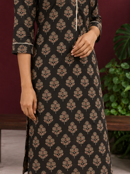 Elegant Black Cotton Kurta with Floral Block Print and Contrast Collar Piping — Pant — styled view