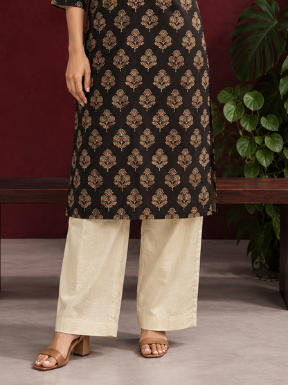 Elegant Black Cotton Kurta with Floral Block Print and Contrast Collar Piping — Pant — front view