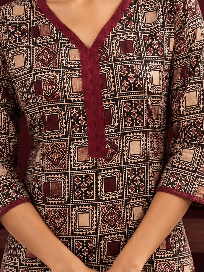 Graceful Maroon Cotton Straight Pant — fabric detail — view 2