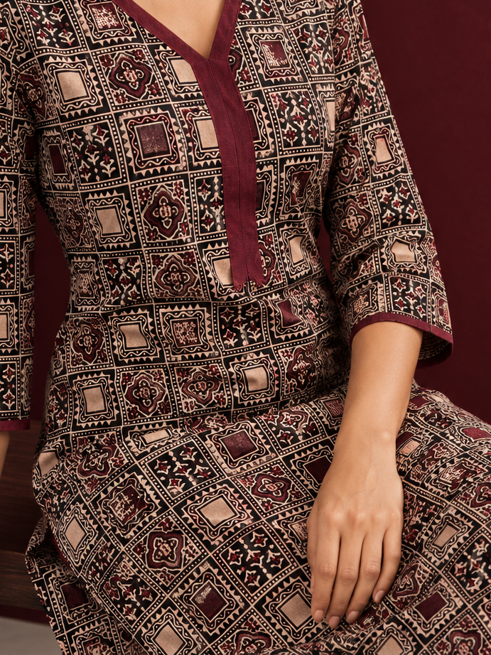 Graceful Maroon Cotton Straight Pant — seated detail — view 5