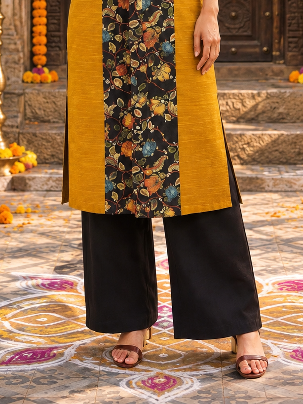 Simple Black Cotton Silk Straight Pant