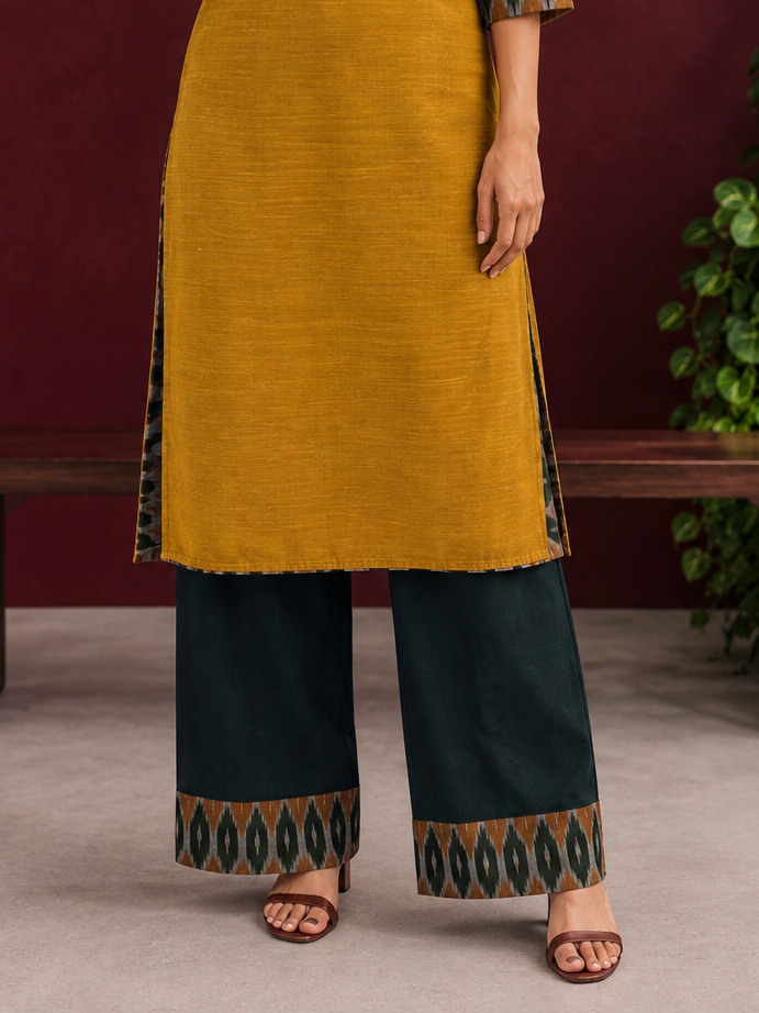Bottle green cotton silk pant with Ikat border — front view — view 3