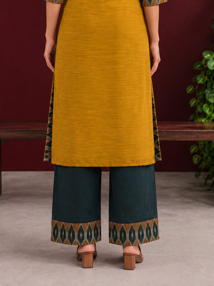 Bottle green cotton silk pant with Ikat border
