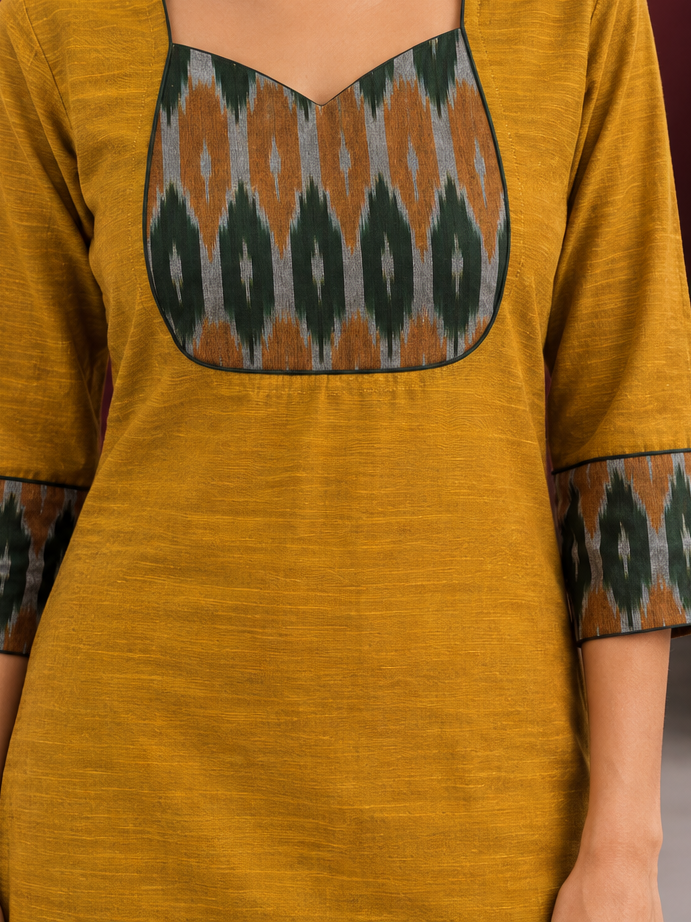 Bottle green cotton silk pant with Ikat border — fabric detail — view 2