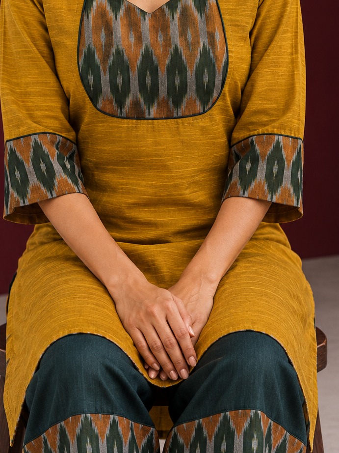 Bottle green cotton silk pant with Ikat border — seated detail — view 5