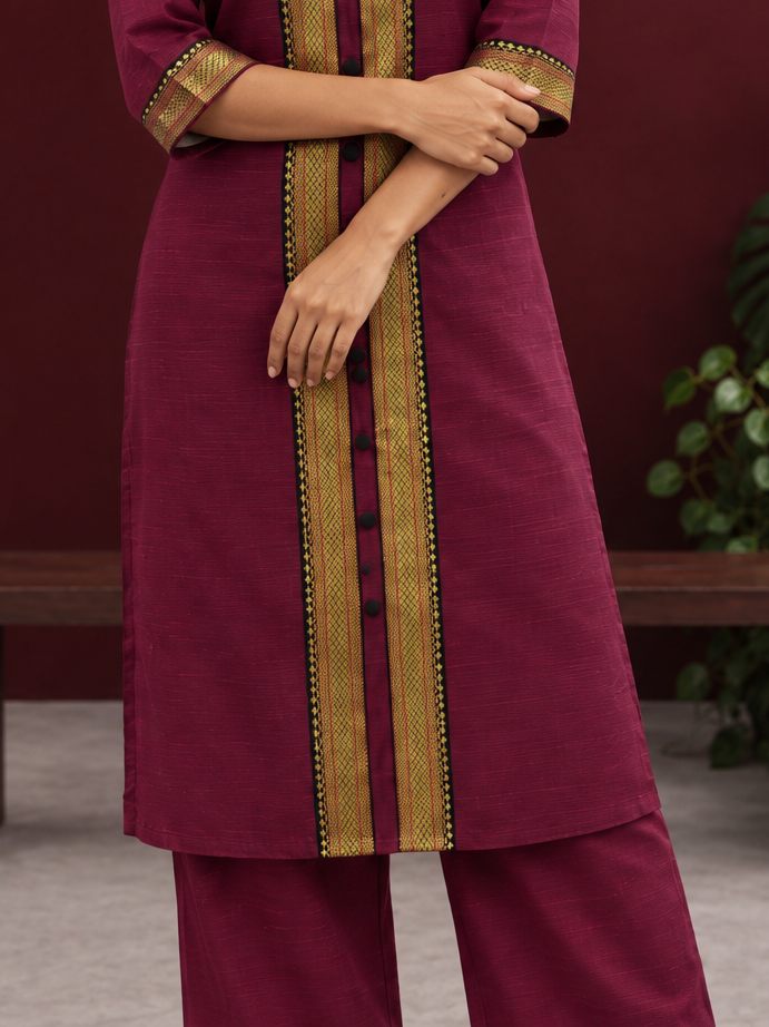 Maroon Cotton Silk pants with zari border — styled view — view 4