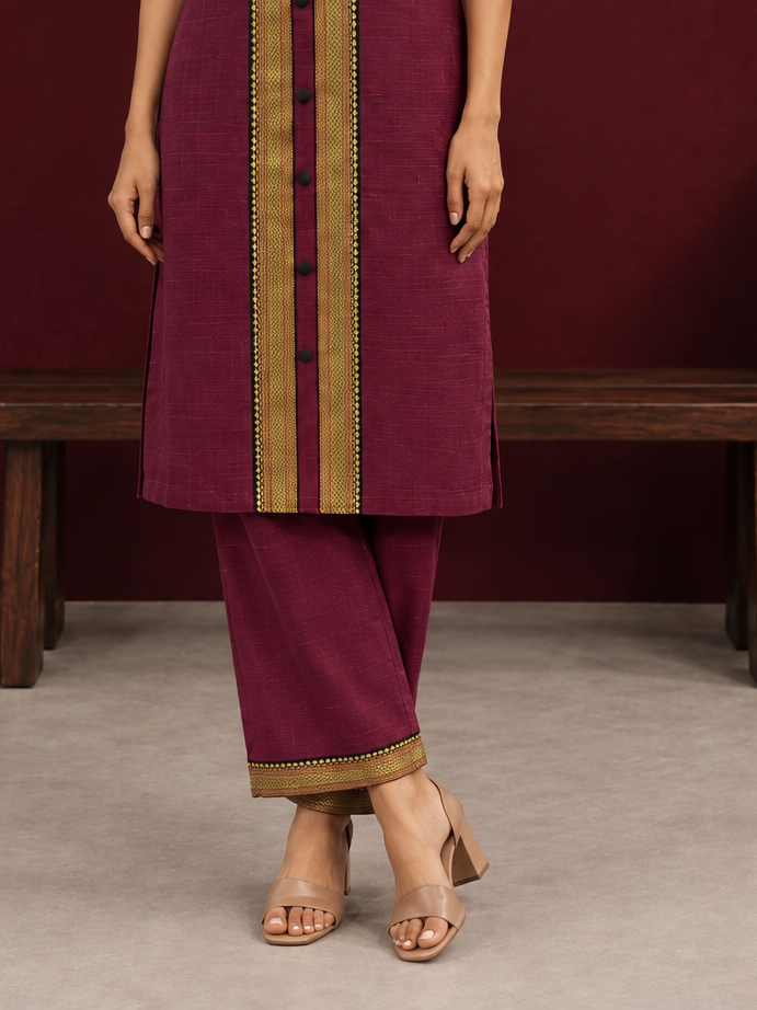 Maroon Cotton Silk pants with zari border — front view — view 3