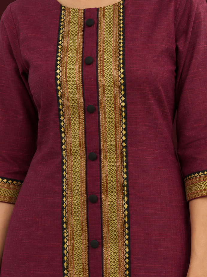 Maroon Cotton Silk pants with zari border — fabric detail — view 2