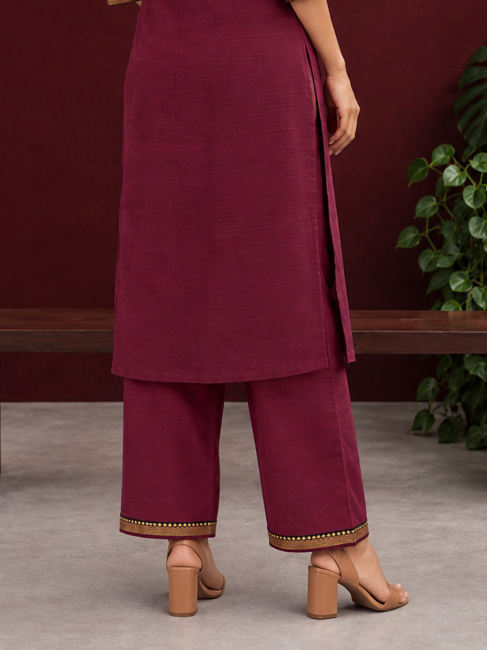 Maroon Cotton Silk pants with zari border — back view