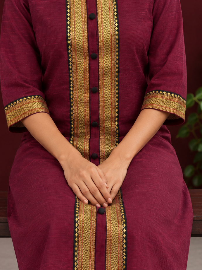 Maroon Cotton Silk pants with zari border — seated detail — view 5