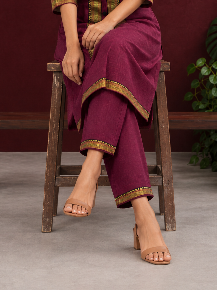 Maroon Cotton Silk pants with zari border — seated — view 6