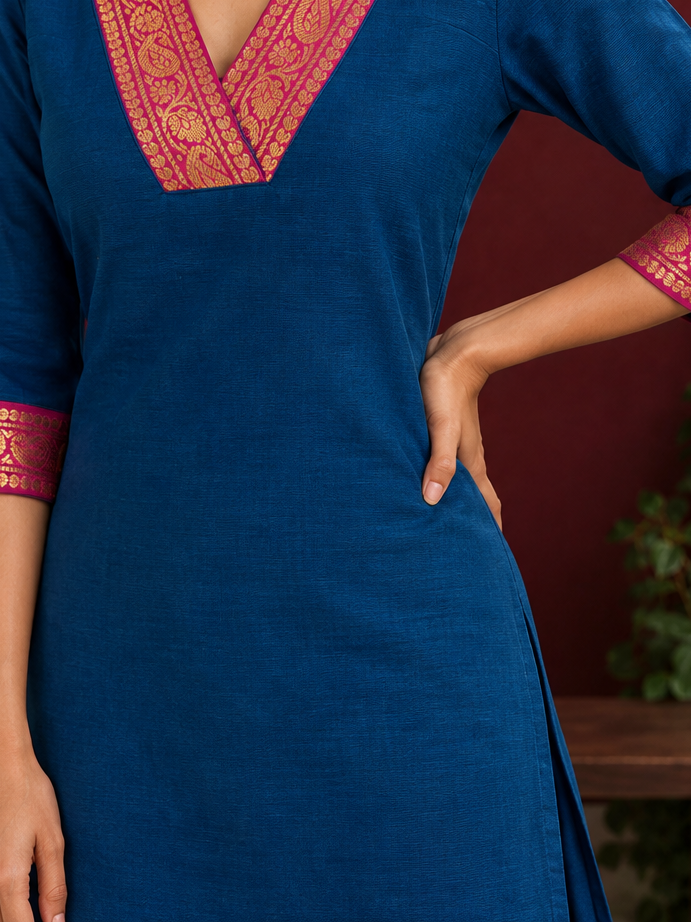 Elegant Peacock blue cotton silk pant with pink zari border — styled view — view 4