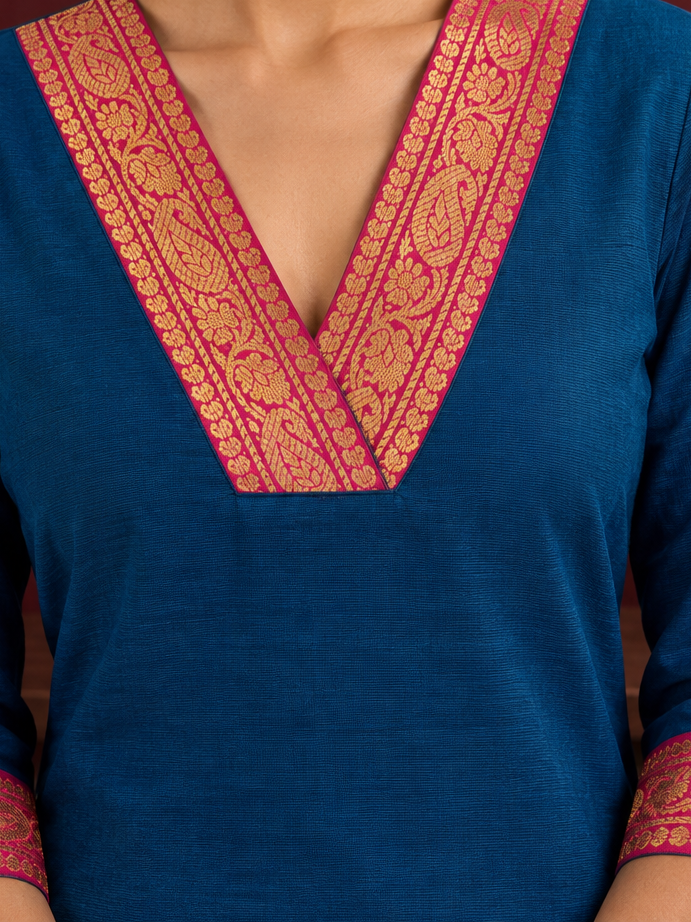 Elegant Peacock blue cotton silk pant with pink zari border — fabric detail — view 2
