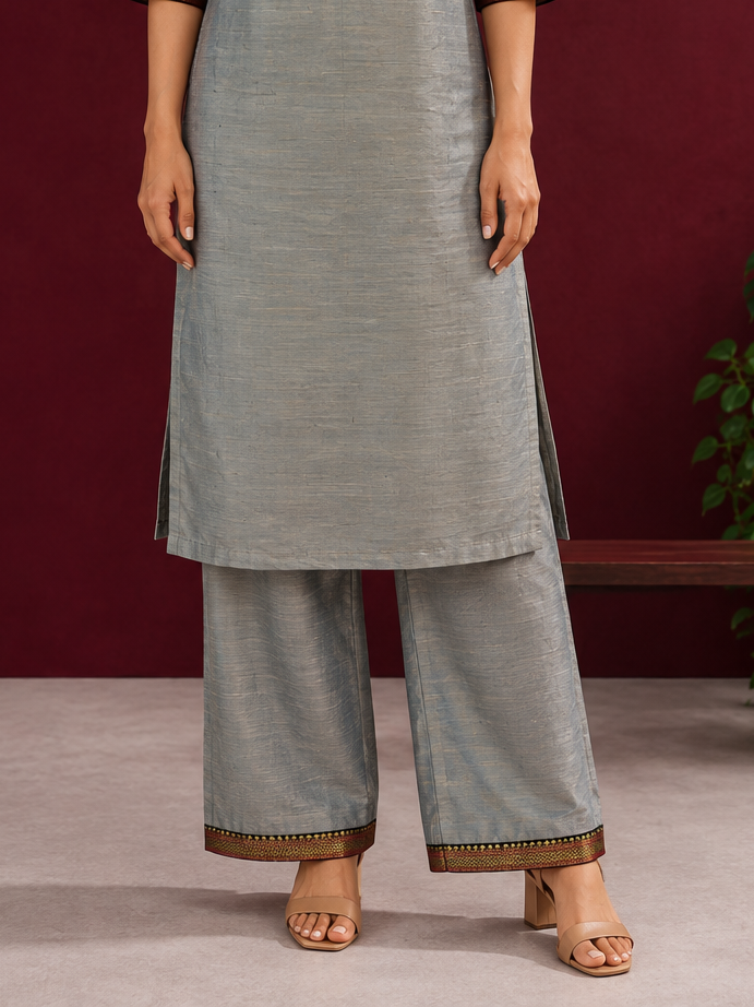 Elegant Sage Green Silk Kurta with Black zari Paisley Yoke & Contrast Sleeve Cuffs — Pant — front view — view 3