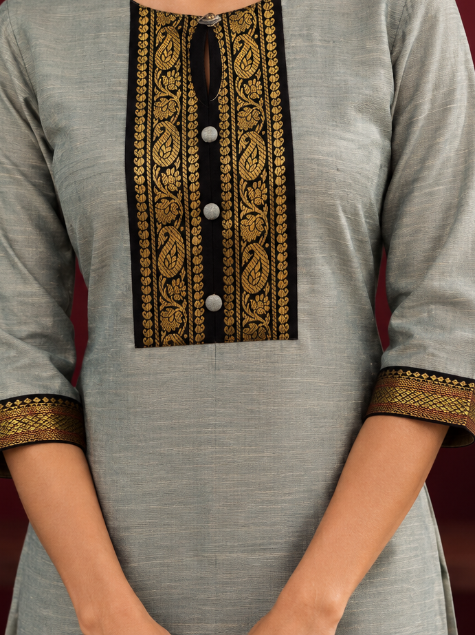 Elegant Sage Green Silk Kurta with Black zari Paisley Yoke & Contrast Sleeve Cuffs — Pant — fabric detail — view 2