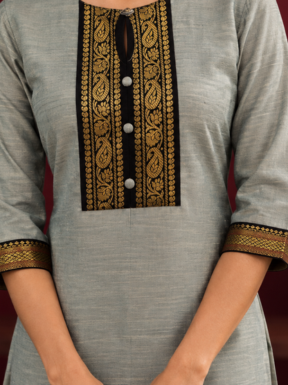 Elegant Sage Green Silk Kurta with Black zari Paisley Yoke & Contrast Sleeve Cuffs — Pant — fabric detail