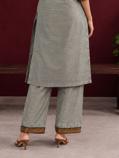 Elegant Sage Green Silk Kurta with Black zari Paisley Yoke & Contrast Sleeve Cuffs — Pant — back view