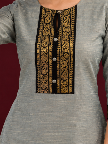 Elegant Sage Green Silk Kurta with Black zari Paisley Yoke & Contrast Sleeve Cuffs — Pant — styled view