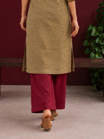 Classy Maroon Silk Straight Pant — back view