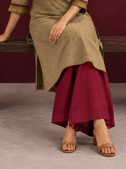 Classy Maroon Silk Straight Pant — seated detail