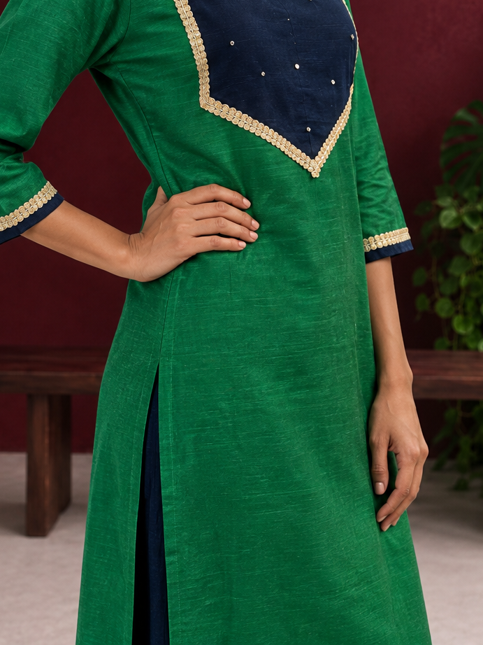 Navy Blue Straight Pant with Green Patch Border and Lace Detailing — fabric detail — view 2