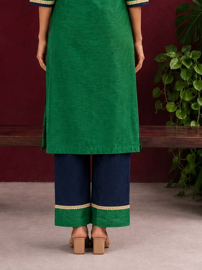 Navy Blue Straight Pant with Green Patch Border and Lace Detailing — back view