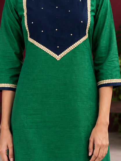Navy Blue Straight Pant with Green Patch Border and Lace Detailing — styled view