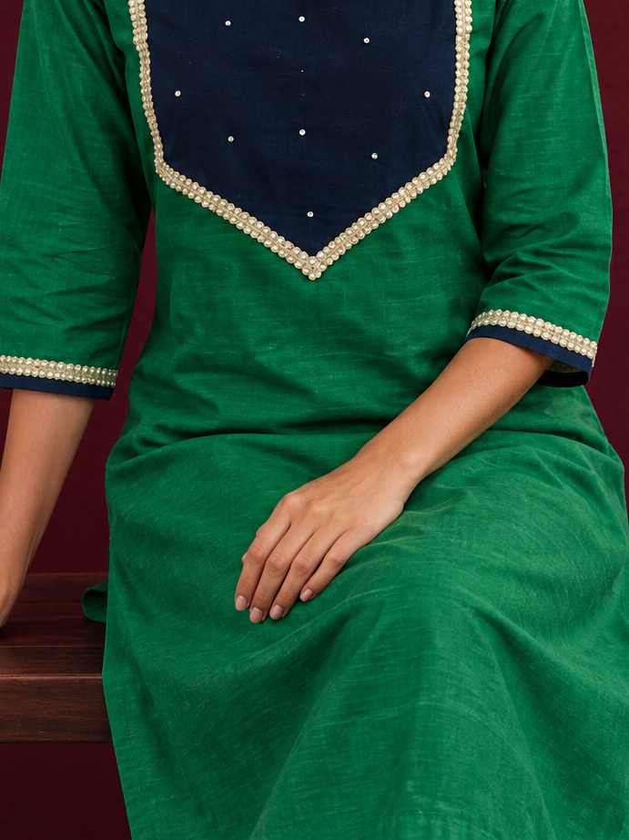 Navy Blue Straight Pant with Green Patch Border and Lace Detailing — seated detail — view 6