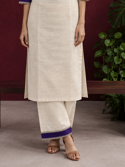 Cream Silk Straight Pant with Purple Patch Border and Lace Detailing — front view