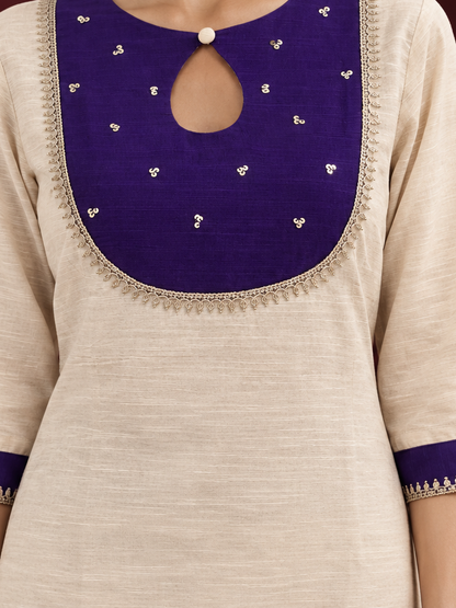 Cream Silk Straight Pant with Purple Patch Border and Lace Detailing — fabric detail