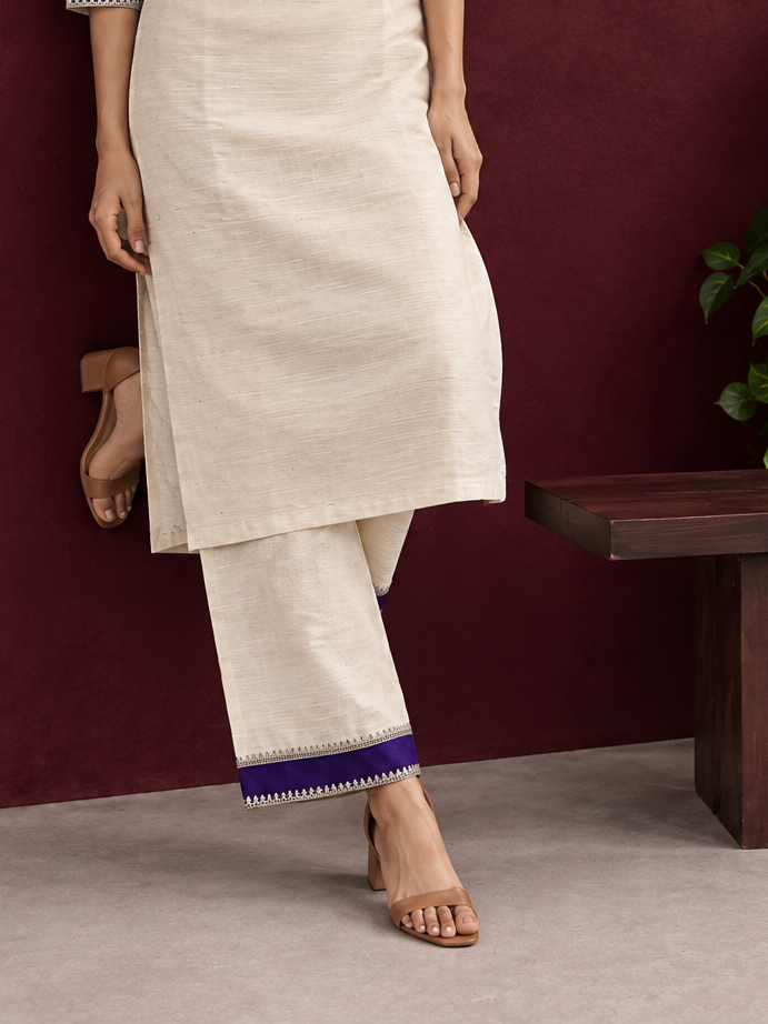 Cream Silk Straight Pant with Purple Patch Border and Lace Detailing — side view — view 4