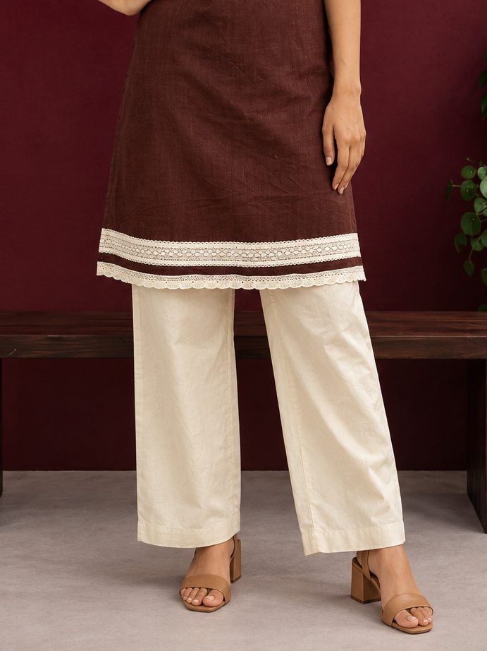 Classic Beige Cotton Straight Pants — front view — view 2