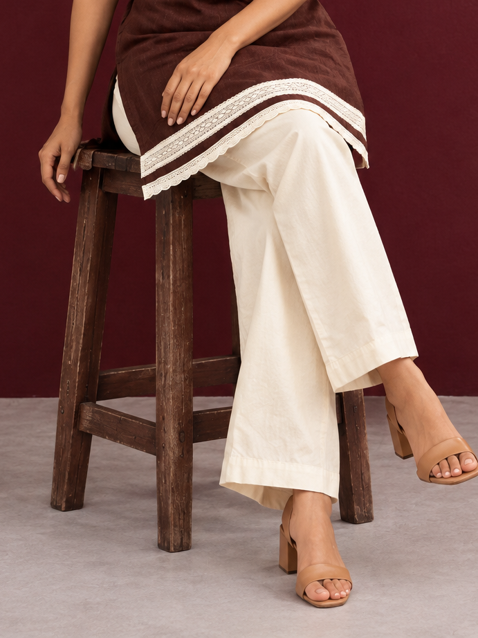 Classic Beige Cotton Straight Pants — seated — view 3