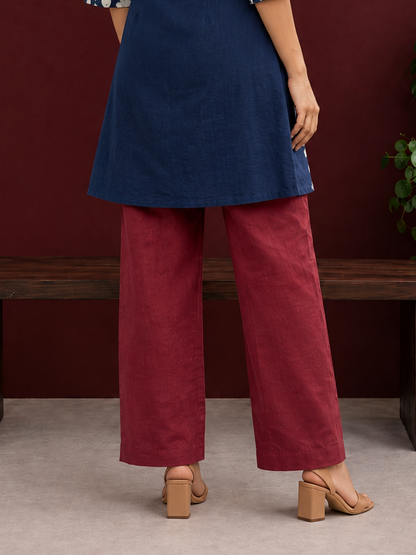 Elegant Maroon Cotton Silk Straight Pants — back view