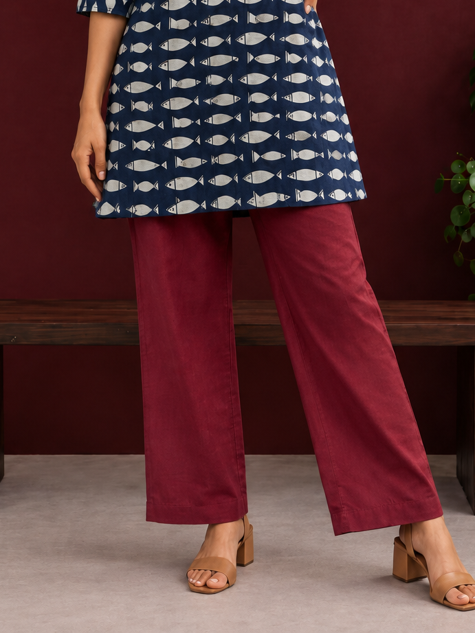 Elegant Maroon Cotton Silk Straight Pants — side view — view 3