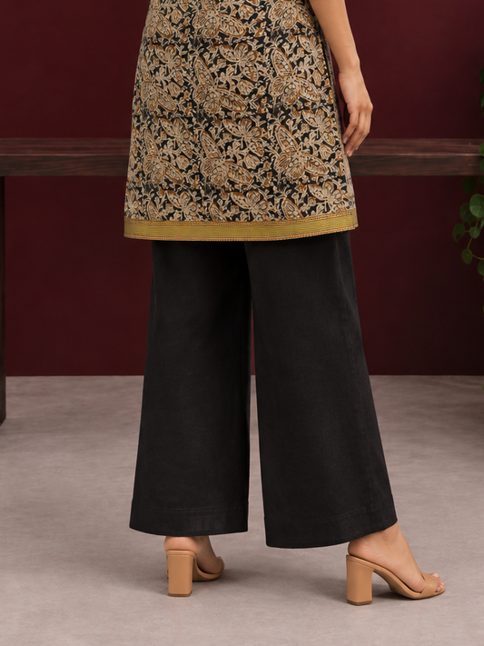 Elegant Black Cotton Straight Pants — back view