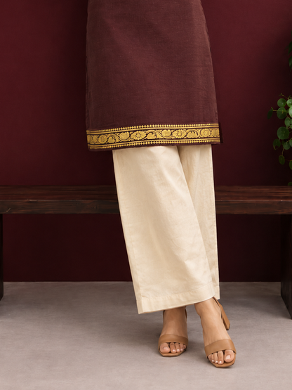 Timeless Beige Cotton Silk Straight Pants — side view