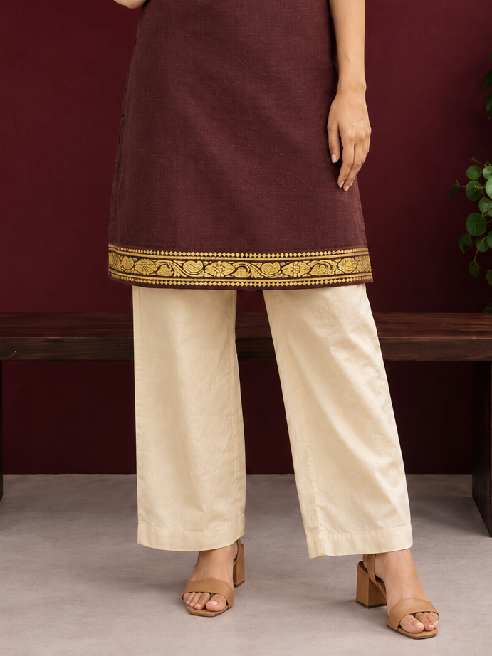 Timeless Beige Cotton Silk Straight Pants — front view — view 2