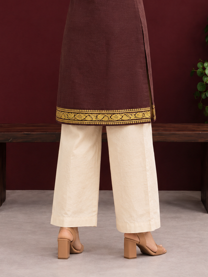 Timeless Beige Cotton Silk Straight Pants — back view