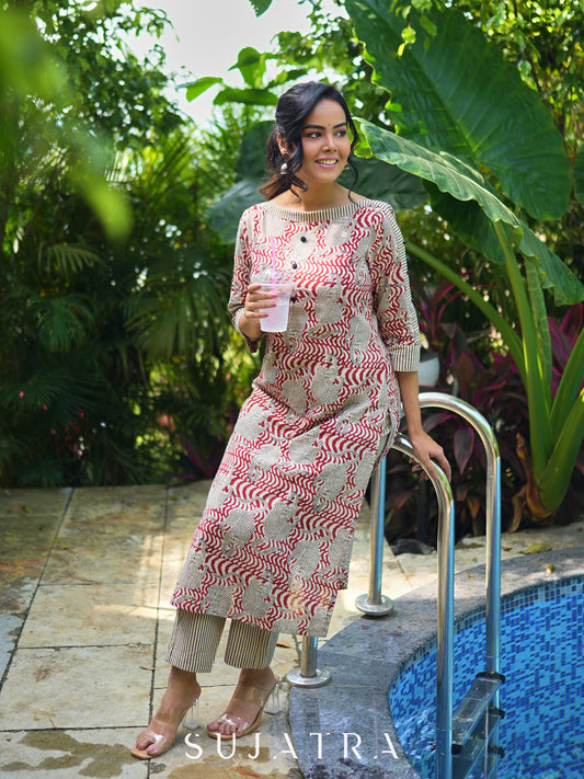 Artisanal Ajrakh Print Kurta with Animal Motifs, Boat Neckline, and Striped Highlights