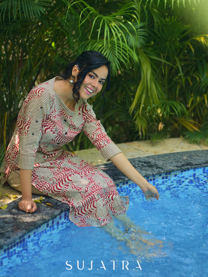Artisanal Ajrakh Print Kurta with Animal Motifs, Boat Neckline, and Striped Highlights