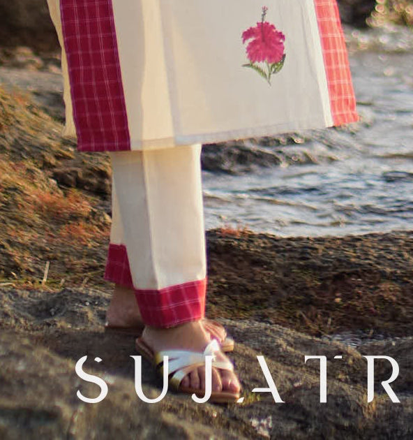 Off White Handloom Cotton Pant with Red Plaid Border