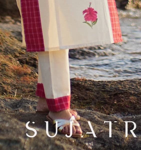 Off White Handloom Cotton Pant with Red Plaid Border