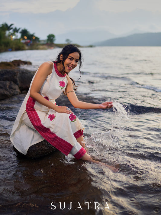 Elegant Off-White Handloom Cotton Kurta with Hibiscus Motifs and Contrast Red Plaid Panels