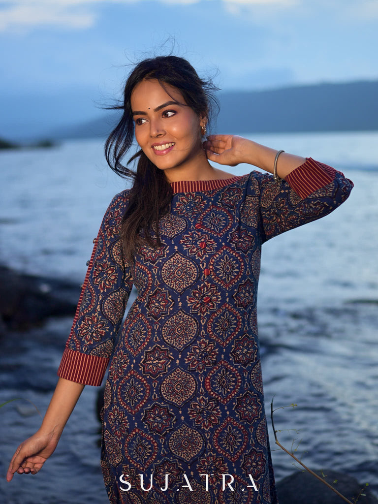 Modern Blue Mughal Print Kurta with Boat Neck and Maroon Stripe Details